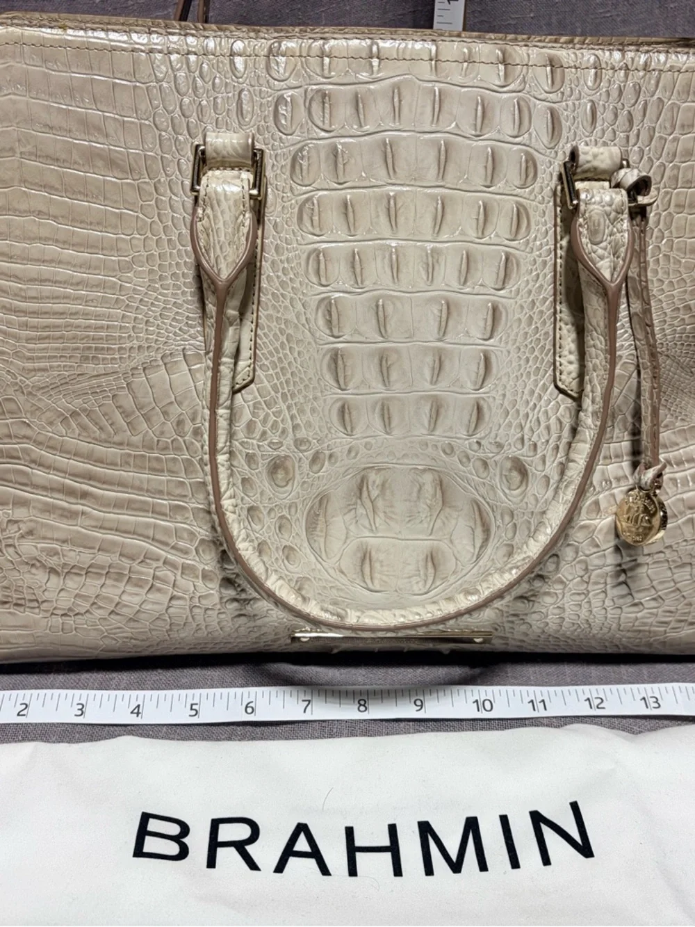 Brahmin Cream Croc-Embossed Leather Satchel with Gold Hardware